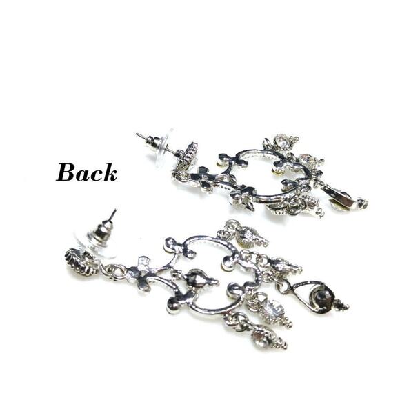 Dangle Earrings Clear Rhinestones Silver Tone, 2 3/4 Inch, Formal Wedding Posts - Picture 8 of 8